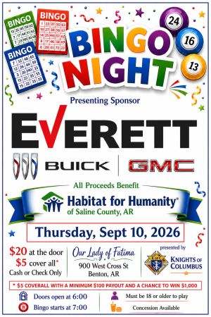 Bingo Night fundraiser flyer for Habitat for Humanity of Saline County, Thursday September 10, 2026 at Our Lady of Fatima in Benton